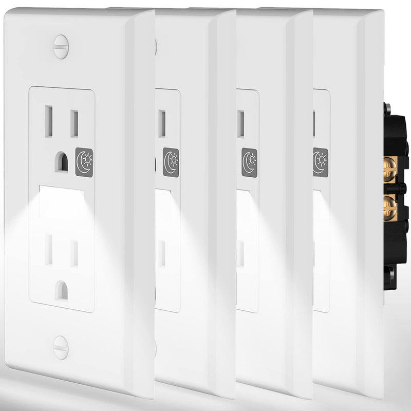 SOZULAMP Night Light Wall Outlet-Easy to Install,Standard Electrical Outlets with Nightlight,White,2 Pole 3 Wire,Non-Tamper Resistant,Wall Plate Included(4Pack,Daylight White LED) Non-Tamper Resistant Daylight White LED