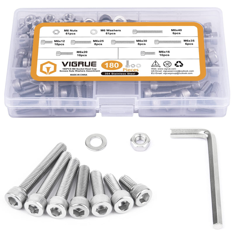 VIGRUE 180Pcs M6 Stainless Bolt Kit, M6x12/16/20/25/30/35/40mm Hex Socket Head Cap Screws Nuts Washers Assortment, Full UNC Thread M6 socket cap