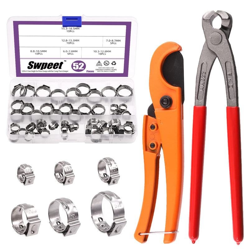 Swpeet 52Pcs 6 Sizes Single Ear Hose Clamps Assorment Kit, with 1Pcs Ear Clamp Pliers and 1Pcs Pipe Cutter for Securing Pipe Hoses