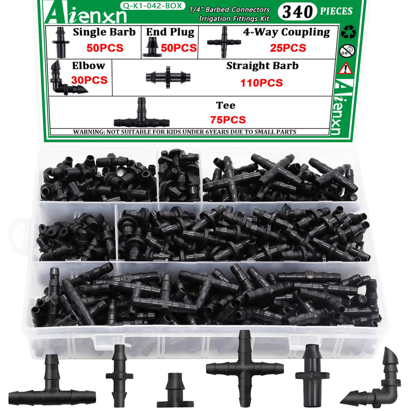 340PCS 1/4" Drip Irrigation Kit Barbed Connectors, Straight Barb, Tee, Single Barb, End Plug, Elbow, 4 Way Coupling Irrigation Fittings for Garden Lawn Flower Pot 340pcs