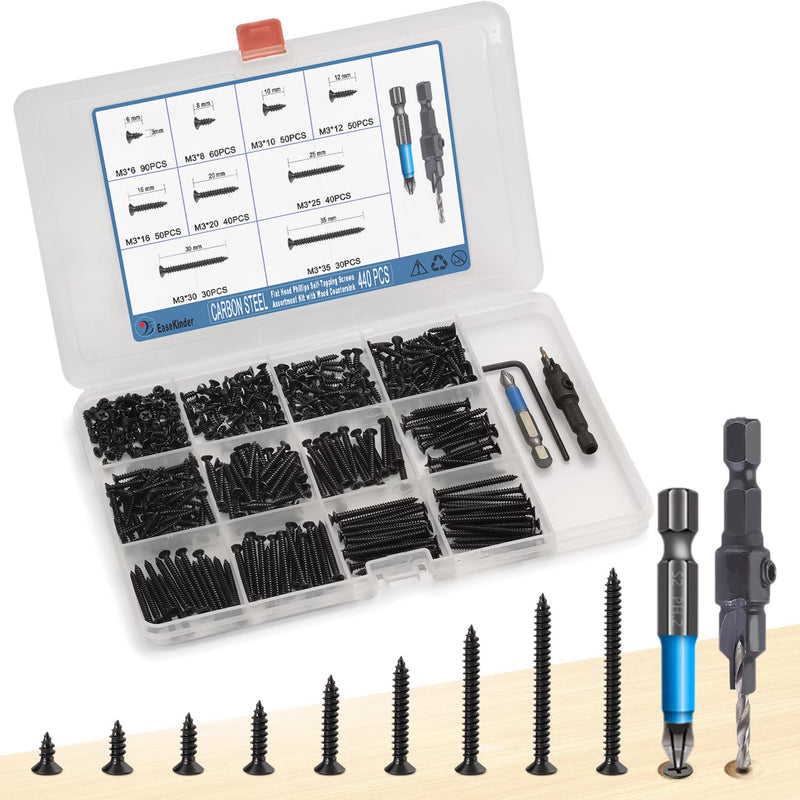 440PCS Flat Head Phillips Wood Screws Assortment Kit, Carbon Steel Self-Tapping Screw with Adjustable Wood Countersink (CSQ235 M3) CSQ235 M3