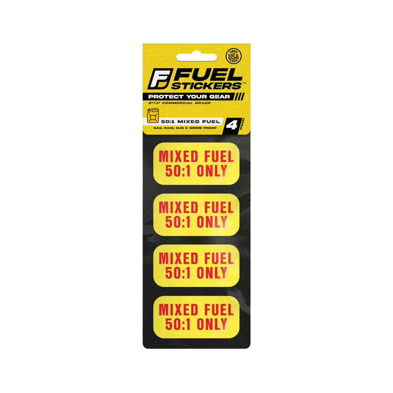 Mixed Fuel Sticker 50:1, 2 Cycle Labels for Outdoor Fuel Power Equipment - Weather Proof, Extreme Stick, Commercial Grade Labels by Fuel Stickers - USA Made (2x1 inch), 4 Labels Mixed Fuel 50:1 1-Pack