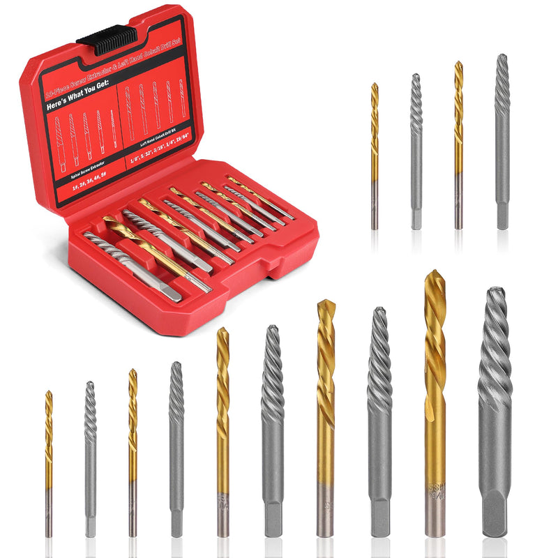 14 Pieces Screw Extractor Set, 35# Cr-Mo & 6542 HSS Steel Cobalt Left Hand Drill Bits Set for Removing Stripped Screws and Broken Bolts Ez Out Screw Extractor Set Broken Bolt Extractor Kit Standard Kit-14PCS