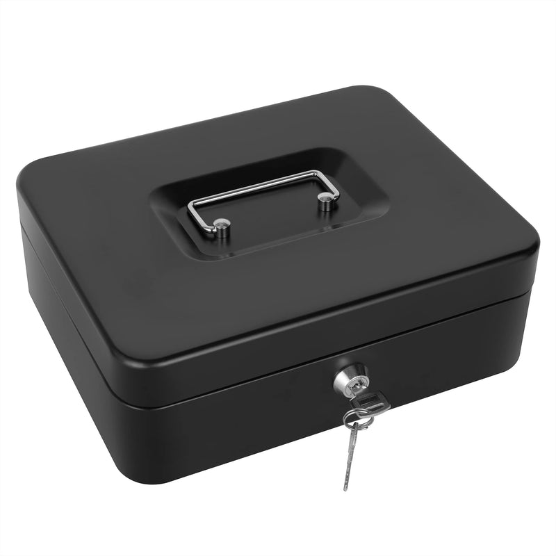 Cash Box with Lock and Money Tray Metal Money Box Large Cash Lock Box for Money 9.84" x 7.87" x 3.54" Black Black-Large