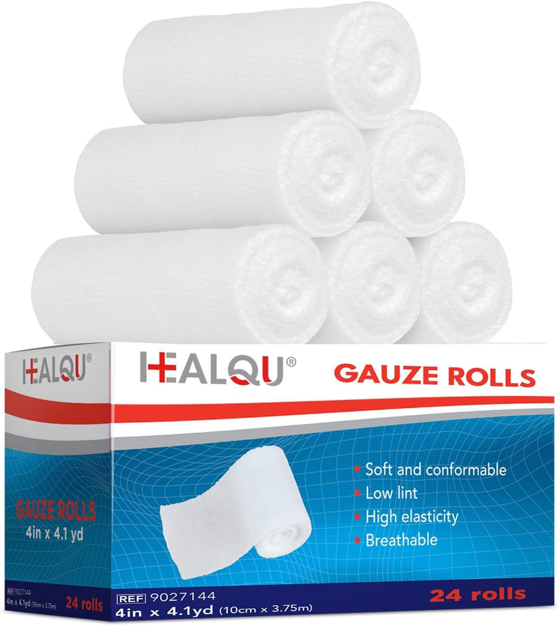 HEALQU Premium Gauze Rolls - 4” x 4.1 Yards - 24 Rolls, Individually Wrapped Conforming Stretch Gauze Bandage - Super Soft Woven Stretch Gauze Bandages for Primary Wound Dressing Support 4" Box of 24