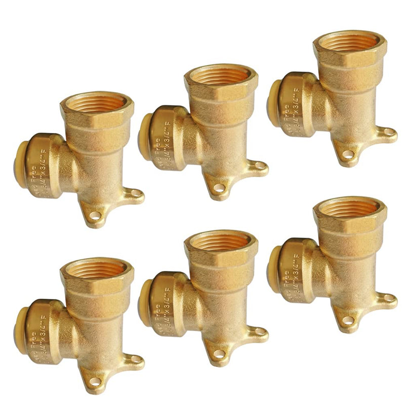 HQMPC 90 Degree Drop Ear Elbow, Push Fit Plumbing Fittings 6Pcs Push-to-Connect, No Lead Brass PEX Fittings for PE-RT, CPVC Pipe 3/4" Push Fit x 3/4" NPT Female Adapter with Disconnect Clip 6 0.75 Inch
