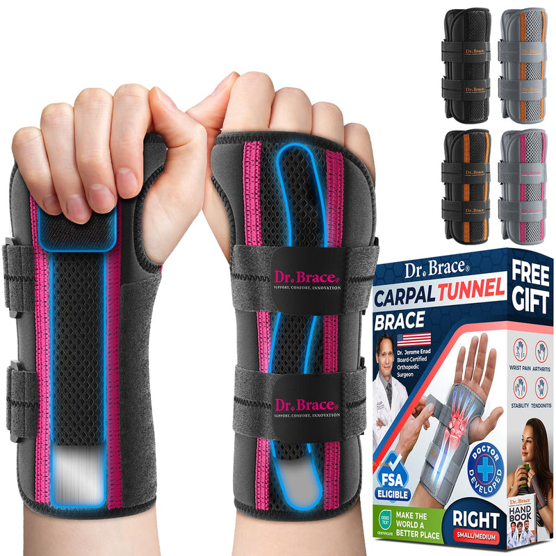 DR. BRACE Adjustable Wrist Brace Night Support for Carpal Tunnel, FSA & HSA Eligible, Doctor Developed, Upgraded with Double Splint & Therapeutic Cushion, Hand Brace For Pain Relief, Injuries, Sprains Small/Medium (Right Hand) Black-Pink