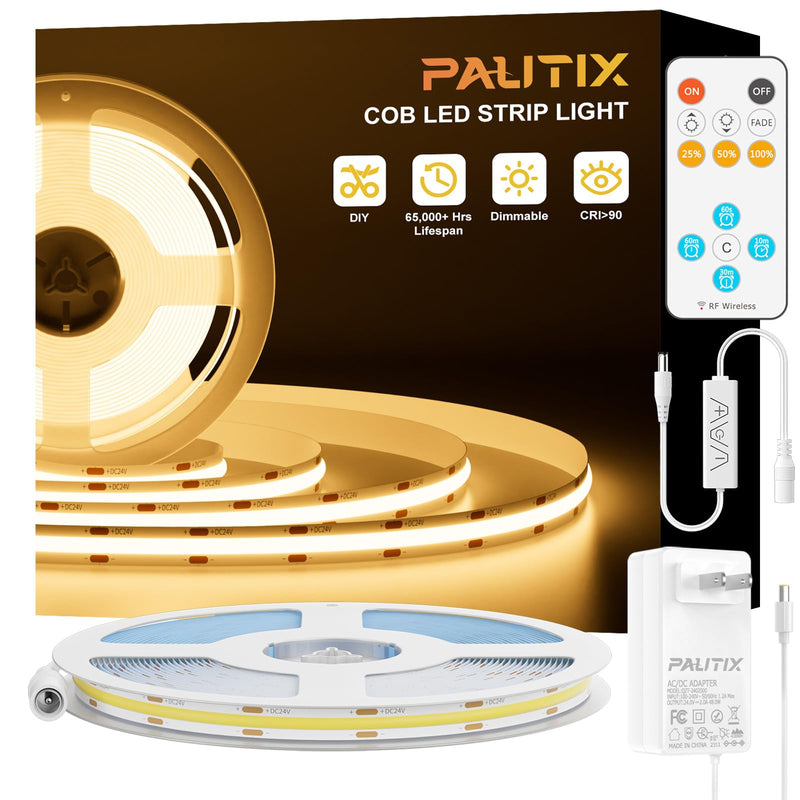 PAUTIX COB LED Strip Light 16.4ft/5m 2400LEDs Warm White 2700K,CRI93+ Super Bright High Lumen,Dimmable 24V Flexible LED Tape Light with RF Remote,24V 48W Power Supply,for Home&Office DIY Lighting 2700K-16.4ft/5m