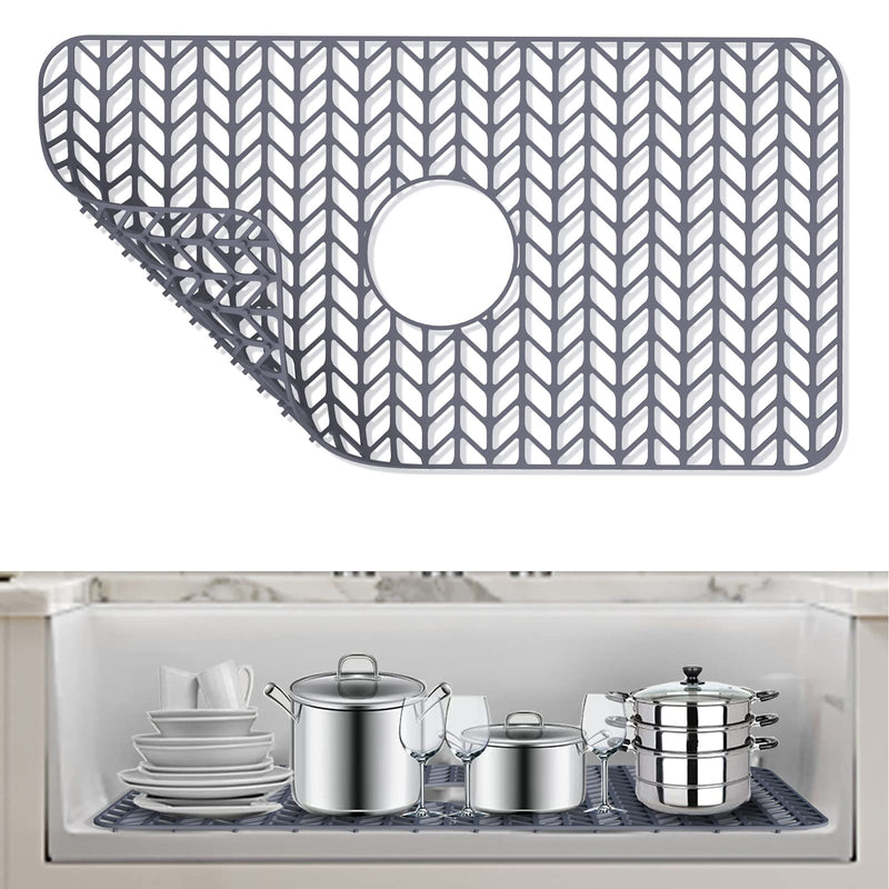 AWOKE Sink Protectors for Kitchen Sink - 26"x 14" Sink Mat - Heat-resistant Easy-clean Silicone Sink Mat - for Protection of Stainless Steel Sink - with Center Drain (Grey) 26"x 14" Center Drain