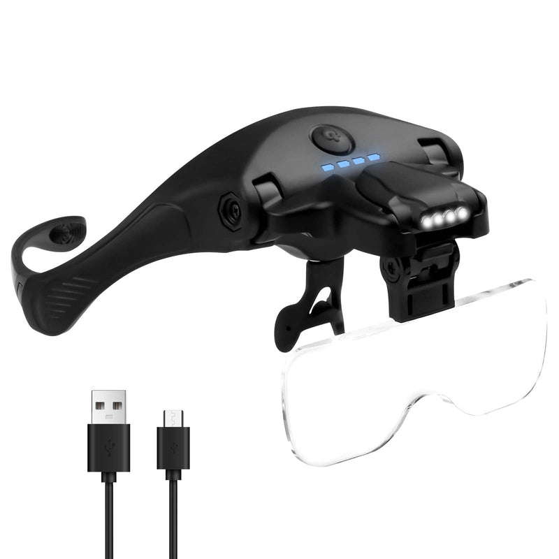 Headband Magnifying Glass with 4 LED Lights, Rechargeable Head Magnifier with 5 Detachable Lenses 1.0X, 1.5X, 2.0X, 2.5X 3.5X - Hands Free Lighted Magnifier Glass for Jewelry, Crafts, Cross Stitch Black 1.0X, 1.5X, 2.0X, 2.5X, 3.5X Head Magnifying Glass