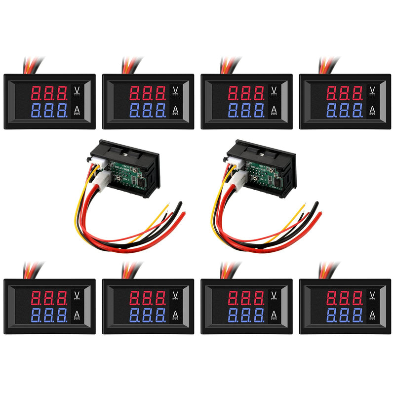 10 Pcs 0.28 Digital Voltmeter Ammeter 100V 10A Volt Amp Meter Current Voltage Tester with Connect Wires Red Blue Dual LED Multimeter Display Panel for Christmas Lights Battery Electricity Monitor