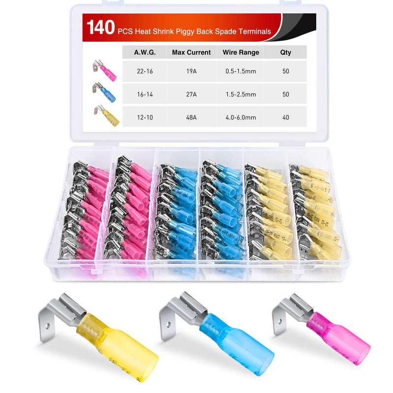Nilight 140PCS Heat Shrink Piggy Back Spade Terminals Connectors Assortment Kit 22-16/16-14/12-10 AWG Spade Quick Splice Crimp for Auto Cars Trucks Boats and 12V Accessories 140Pcs Piggy Back Terminals