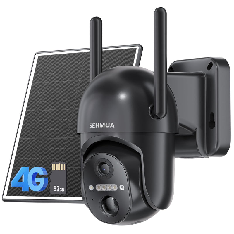 SEHMUA 4G LTE Cellular Solar Security Camera Wireless Outdoor, No WiFi Solar Powered Camera, 360° Live View, 2K Color Night Vision, PIR Motion Sensor, 2 Way Talk, Built in SIM Card Black