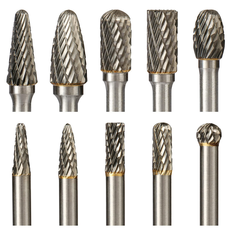 Carbide Burr Set Die Grinder Bits Rotary Tool Bits 1/4" Shank 10 PC Double Cut Wood Carving Accessories Cutting Burrs Metal Grinding Engraving Polishing Porting Trimming Shape 3