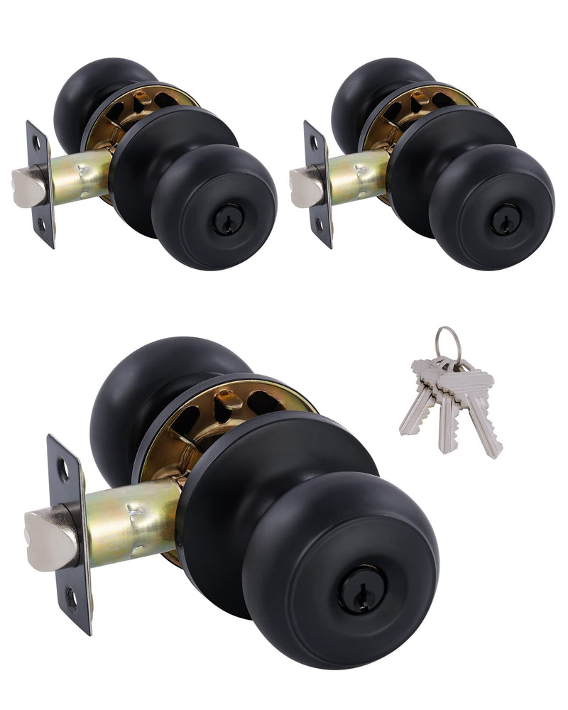 (3 Pack Matte Black Door Knobs Interior Keyed Difference Entry Front Bedroom Doorknobs with Lock Flat Ball Handle Lock Sets 3 Matte Black keyed Difference