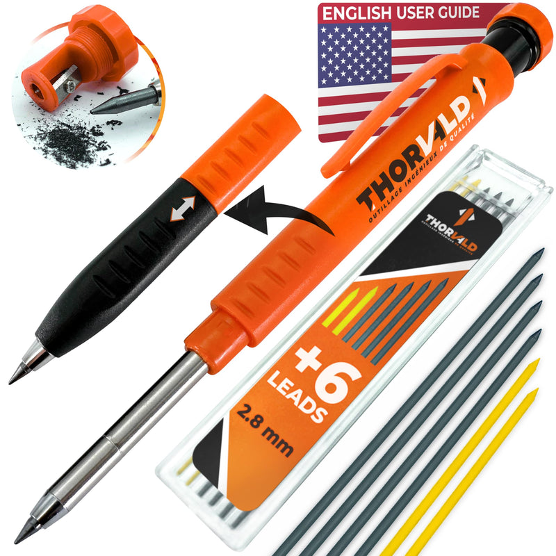 THORVALD New 2-in-1 Carpenter Pencils with Finger Grip for Carpenter (Incl. 7 Leads + Sharpener) Solid Mechanical Pencils with Fine Point/Best Marking tools Construction/Carpenters/Scriber Thorvald Carpenter Pencil + 7 Leads