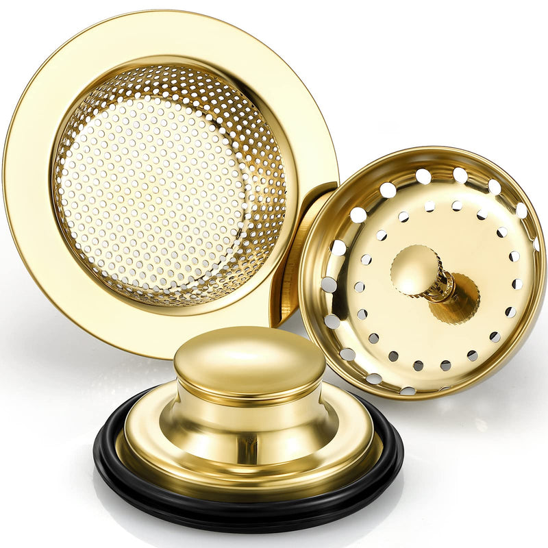 Mudder 3 Pcs Kitchen Sink Drain Strainer and Stopper Stainless Steel Garbage Disposal Plug with Handle Universal Anti-Clogging Kitchen Sink Filter Sieve Basket Strainer(Light Gold) Light Gold