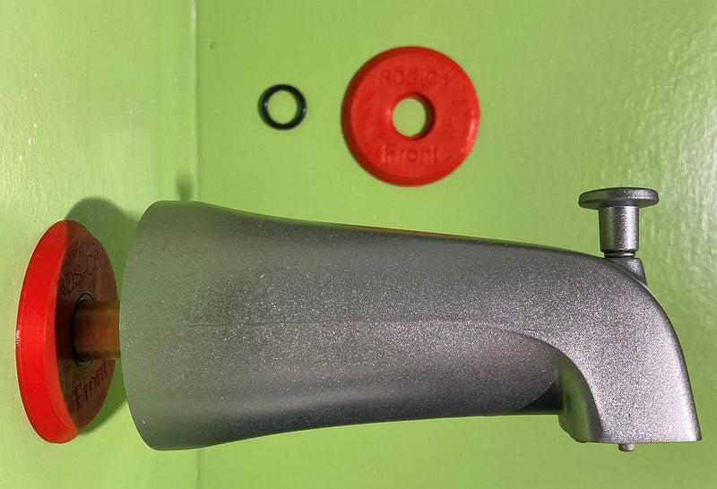 The Original Red Disc Seal. Bathtub spout rear seal. Over 6000 installed. It slips over and seals 1/2" copper pipe. Avoid 2-piece designs. 2-piece design is not sealed between the two pieces.