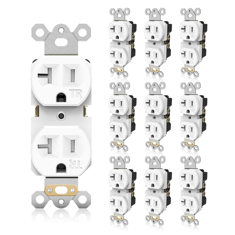 Duplex Wall Receptacle Outlets, 20A Tamper-Resistant Electrical Receptacle, 2 Pole 3 Wire, Self-Grounding, Residential Grade Wall Power Socket, White, UL Listed, 10 Pack 20 Amp