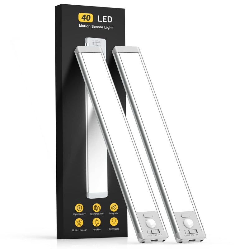Under Cabinet Lights,40 LED Rechargeable Battery Operated Motion Sensor Light Indoor, 2 Pack Magnetic Dimmable Closet Lights, Wireless Under Counter Lights for Kitchen, Stairs White Light 10inch