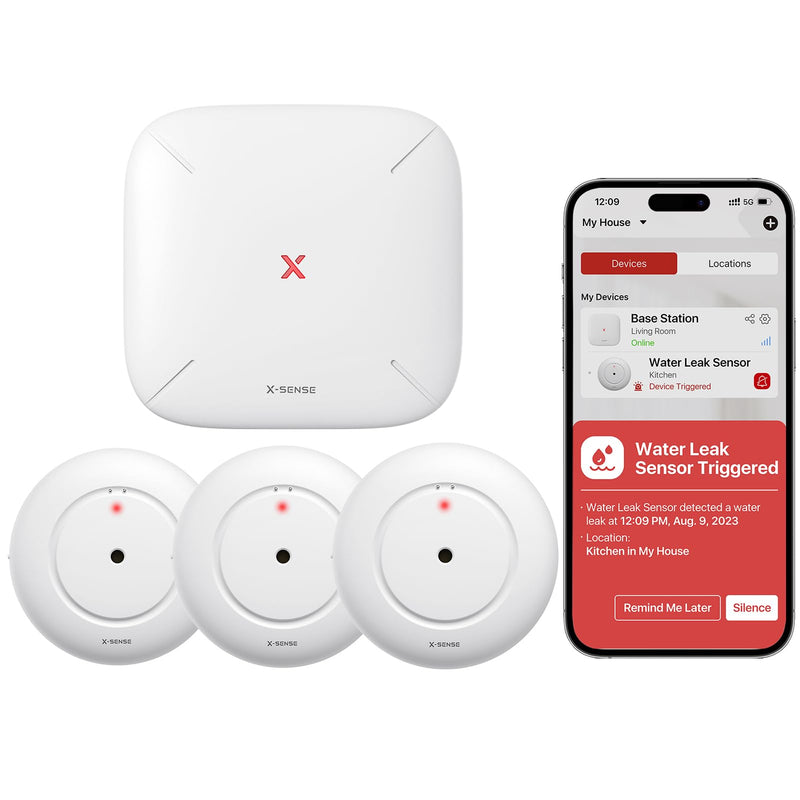 X-Sense Wi-Fi Water Leak Detector, Smart Water Sensor Alarm, Water Detector Alarm with 1700 ft Transmission Range for Kitchens, Basements, Bathrooms, 3 Water Detectors & 1 Base Station, Model SWS54 With Base Station