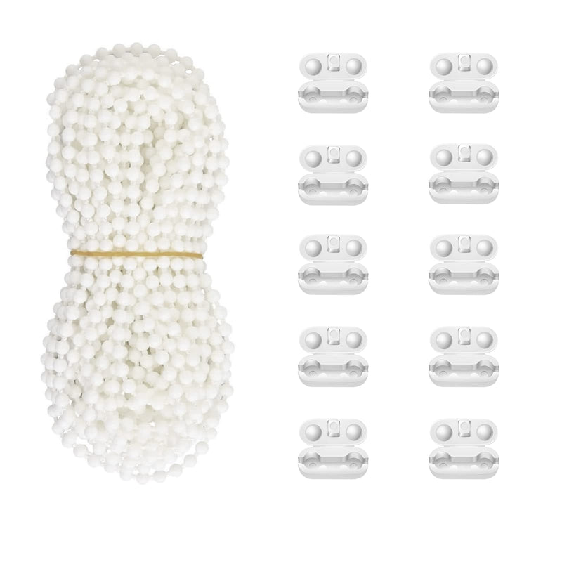 10 Meters (32.8 Feet) Roller Blind Bead Chain Cord Roman Venetian Honeycomb Vertical Shade Blind Cord with 10 PCS Connectors for Roller Blind Replacement Parts White (Normal Version) Normal Version