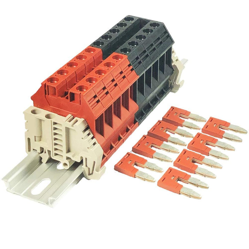 Dinkle Assembly Kit DK6N Red/Black 10 Gang with Jumpers DIN Rail Terminal Blocks, 8-20 AWG, 50 Amp, 600 Volt UL Recognized