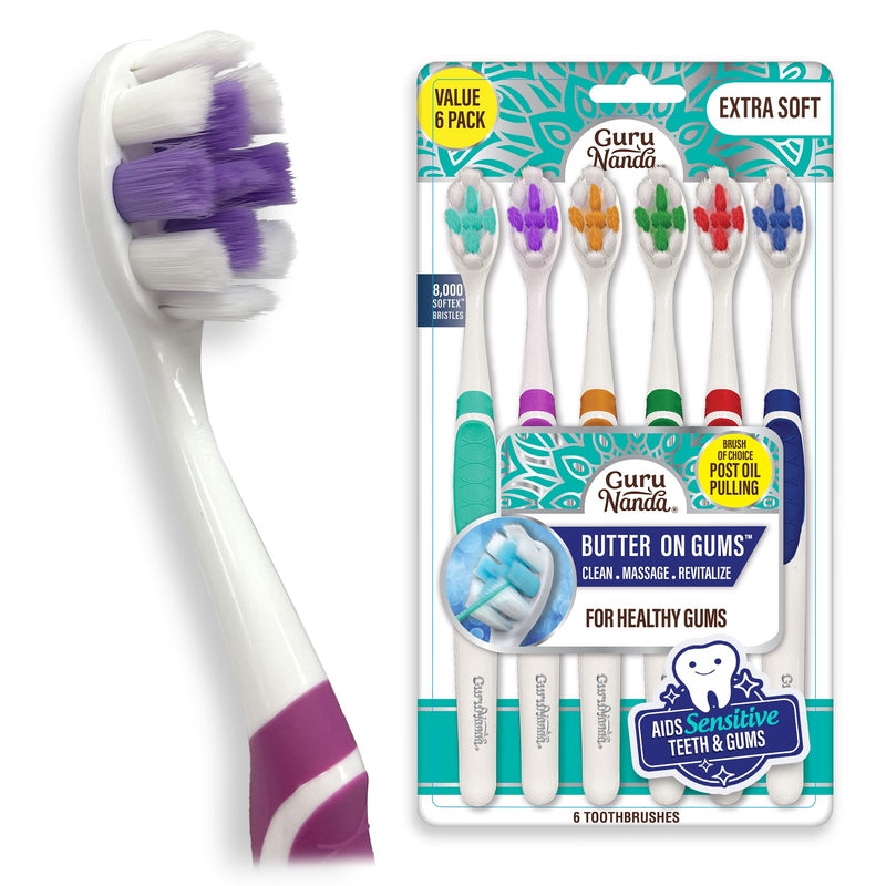 GuruNanda Butter On Gums Toothbrush with 8000+ Softex Bristles, Ultra Soft Bristles for Sensitive & Receding Gums, Perfect for Whiter Teeth, 6 Count Multicolor 6 Count (Pack of 1)
