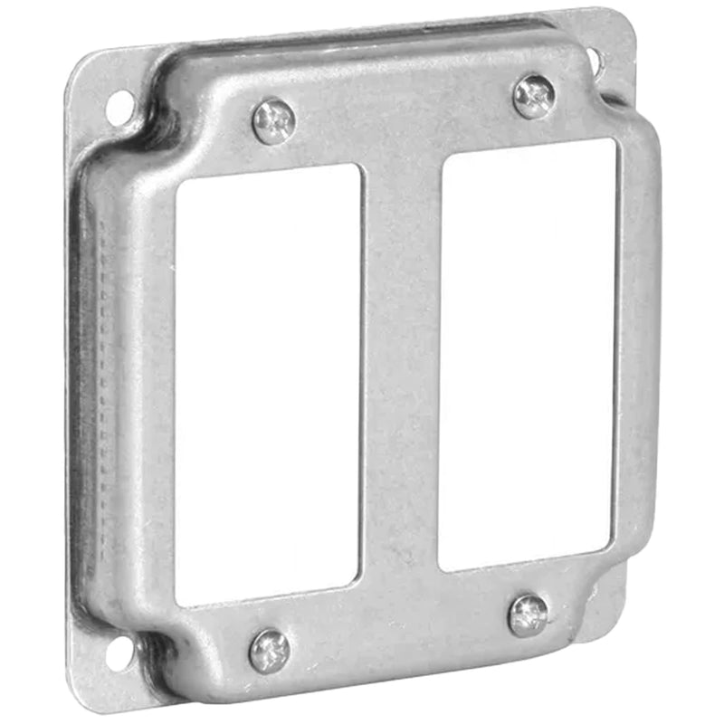 AP-12094, 4" Square Double Decora Switch Electrical Box Cover, 1/2" Raised, Exposed Work, Galvanized Steel, Crushed Corners, 2-Gang 2-Gang Decora Switch