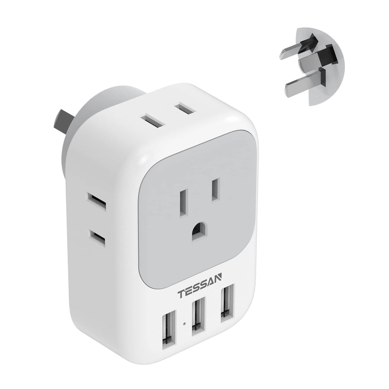 TESSAN Australia Power Plug Adapter, US to New Zealand Power Adapter with 4 American Outlets 3 USB Charger, Type I Travel Adaptor for USA to Australian, China, AU, Argentina, Fiji, Cook Islands, Samoa gray/white-Type I