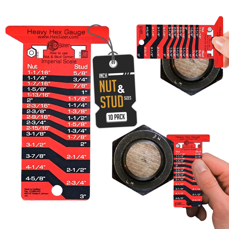 HexSizer 10 Pack Heavy Hex Nut, Bolt & Stud Gauge Tool - Durable Plastic Measuring Gauge Set, Compact, with Protective Vinyl Sleeve - Hardware Sizing Tool Identifier - Inch Measurement (Black on Red) Black on Red