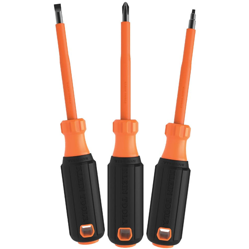 Klein Tools 85073INS Insulated Screwdriver Set features 1000V Phillips, Slotted and Square Tips, Cushion Grip Handles, 3-Piece 3-Piece Set