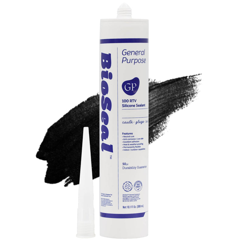 Black BioSeal 100% Silicone Sealant Caulk General Purpose, Waterproof and No Odor 10.1 Ounce Cartridge -Black (1) 1