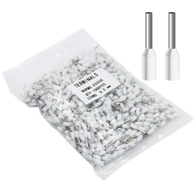 Fidioto AWG22 Wire Ferrules Terminals, 1000pcs AWG22 Terminal Connector Wire Insulated Cord Pin Ends Terminals for Electric, Industrial, Chemical Industry, Power Control System, etc. 22AWG White