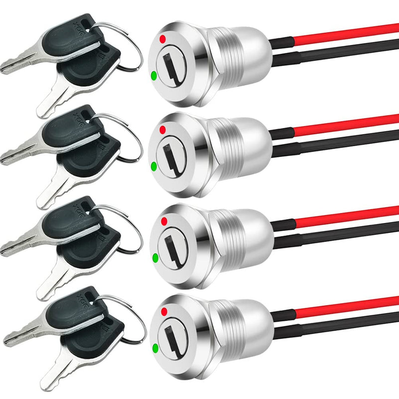 12mm On/Off Metal Key Lock Switch Prewired Key Switch Lock Maintained Latching Key Switch(Pack of 4) Prewire Key Lock Switch