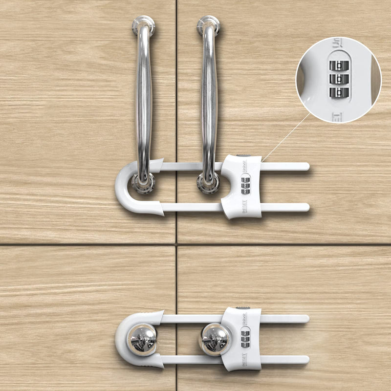 4 Pack Child Proof Sliding Cabinet Door Code Locks Baby Safety Cupboard Locks Adjustable U Shaped Cabinet Latches for Knob Handle Drawers Closet Plastic (4 PCS, White) 4 PCS