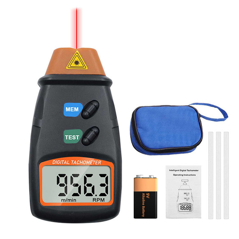 Digital Tachometer, Non Contact Laser Photo Tach 2.5-99999 RPM Rotation Speed Meter Gauge Measurement with Reflective Tape (9V Battery Included)