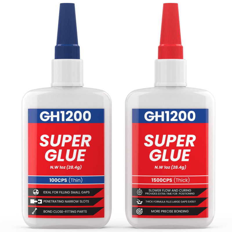 GH1200 57 Grams (2 oz) 100/1500 CPS (Thin/Thick) Super Glue All Purpose with Anti Clog Cap. Ca Glue - Adhesive SuperGlue. Cyanoacrylate Glue for Hard Plastics, DIY Craft, Metal 1 Oz Each