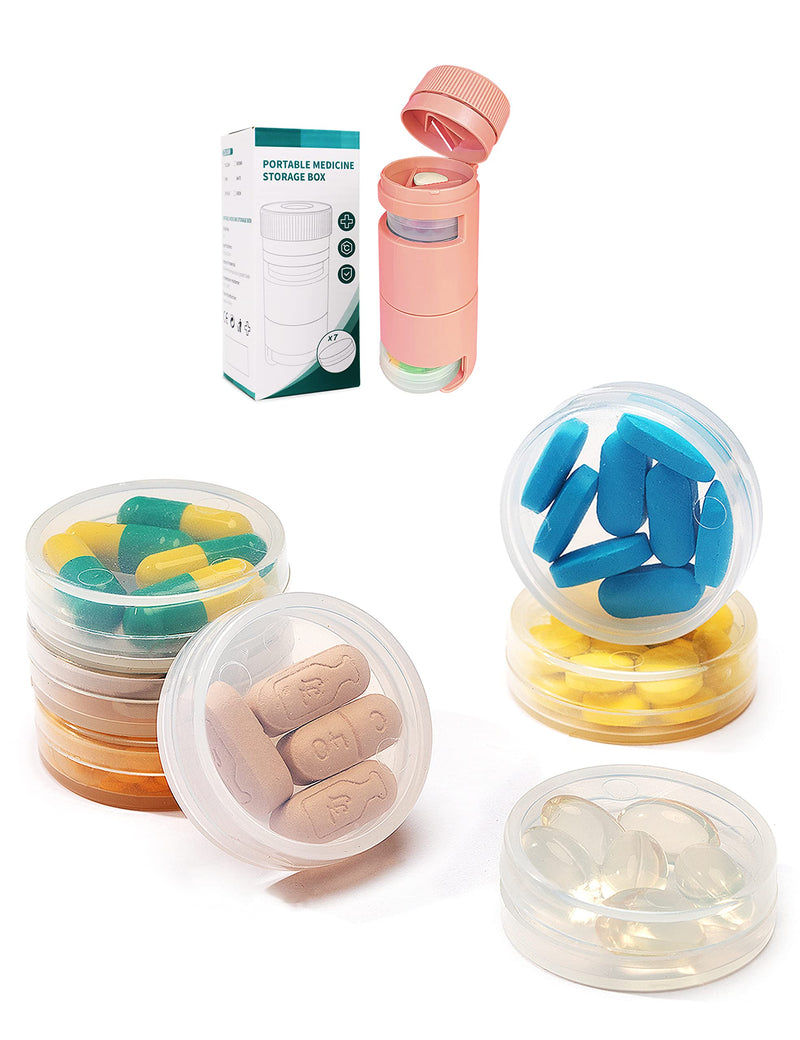 3 in 1 Portable Pill Cutter&Crusher with Pill Holders 7 Day Small Compartments, Pill Splitter and Grinder for Pills,Tiny Round Daily Medicine Storage,Small Travel Pill Box for Purse(New Pink) New Pink