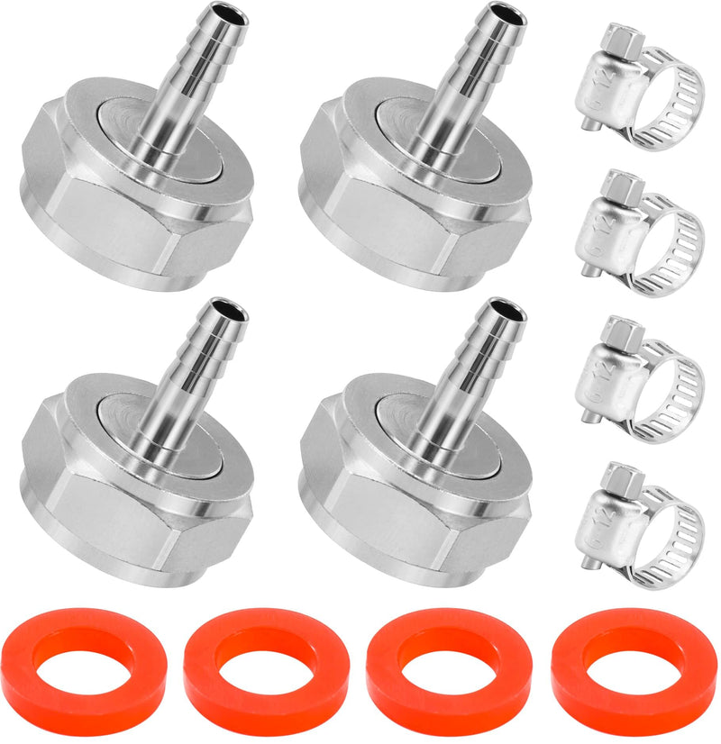 Keg Coupler Barb Connector 1/4'' Beer Barb G5/8 Thread Hex Nut 3/16 Beer Line Connectors with Clamps Keg Coupler Parts Beer Keg Coupler Fitting for Sankey Keg Couplers-4 Pack 4pcs