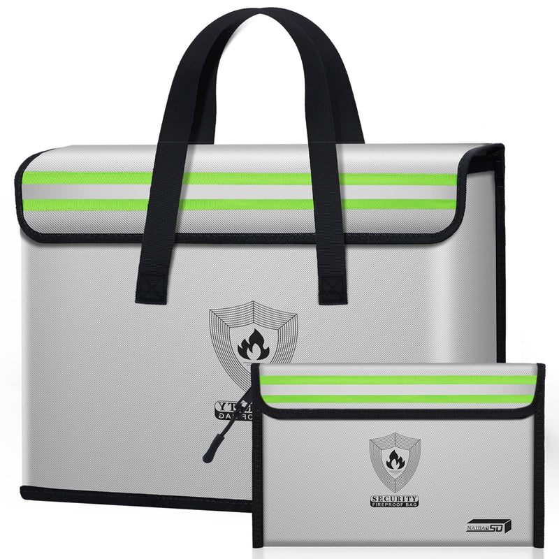 Fireproof Document Box (16"x 12" x 5") Silicone Coated with Shoulder Strap and Zipper Closure, Fireproof Money Bag (8.75"x6.0") for Cash, Coin, Credit Cards, Passport, and other Valuables GREY