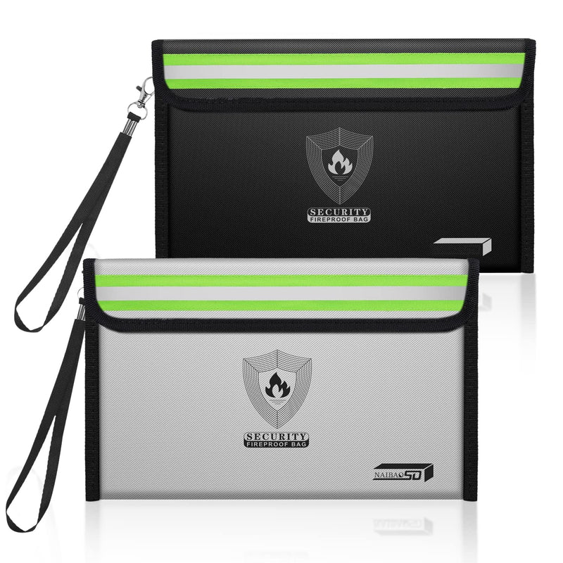 Small Fireproof Money Bag (8.6 x 6.3 inches) with Reflective Strip, featuring a metal zipper and strap. Ideal for storing cash, passports, and valuables. Available in a 2-pack. Upgraded
