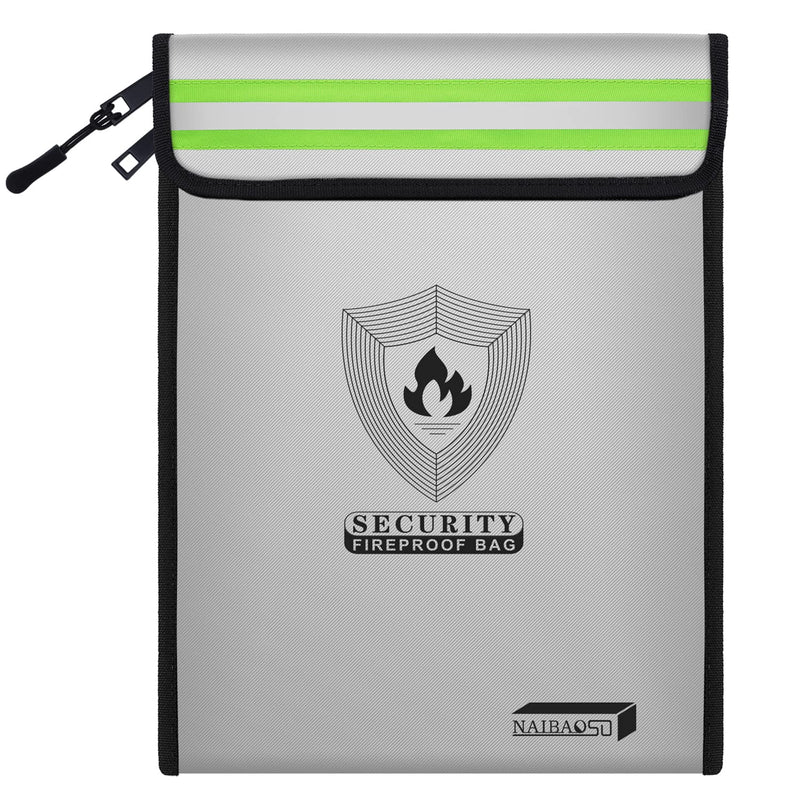 Upgraded Fireproof Document Bag (15.5”x 11.8”) with Reflective Strip, 2 Pockets Fireproof Money Bag Metal Zipper & Strap Fireproof Bag for Documents, Cash,Passport,Jewelry,Valuables Upgraded