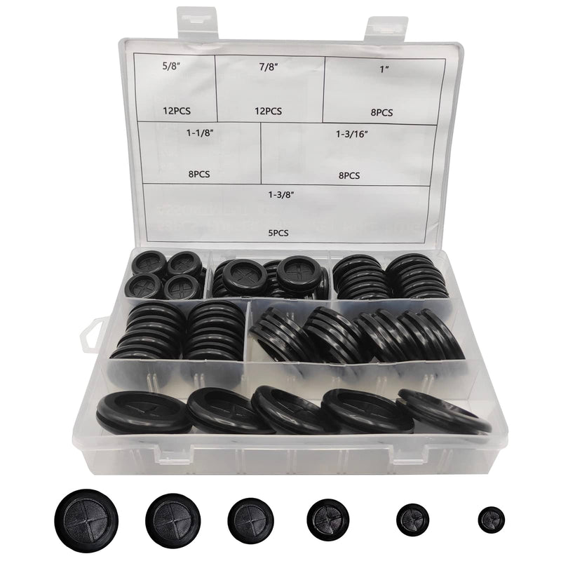 53 PCS 6 Size Rubber Grommets for Wiring, Double Sided Round Rubber Hole Plug, Firewall Grommet Rubber Hole Plugs, Drill Hole Sizes of 5/8" 7/8" 1" 1-1/8" 1-3/16" 1-3/8", Black 53PCS