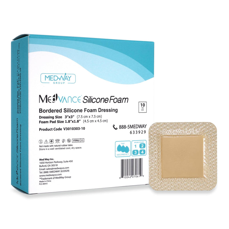 MedVanceTM Silicone - Bordered Silicone Adhesive Foam Dressing, Size 3"x3", (1.8"x1.8" pad), Box of 10 dressings 10 Count