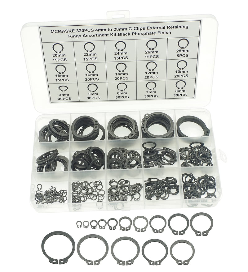 320PCS 15 Sizes Metric 4mm to 28mm Nominal Diameter C-Clips External Retaining Rings Assortment kit,Black Phosphate Finish