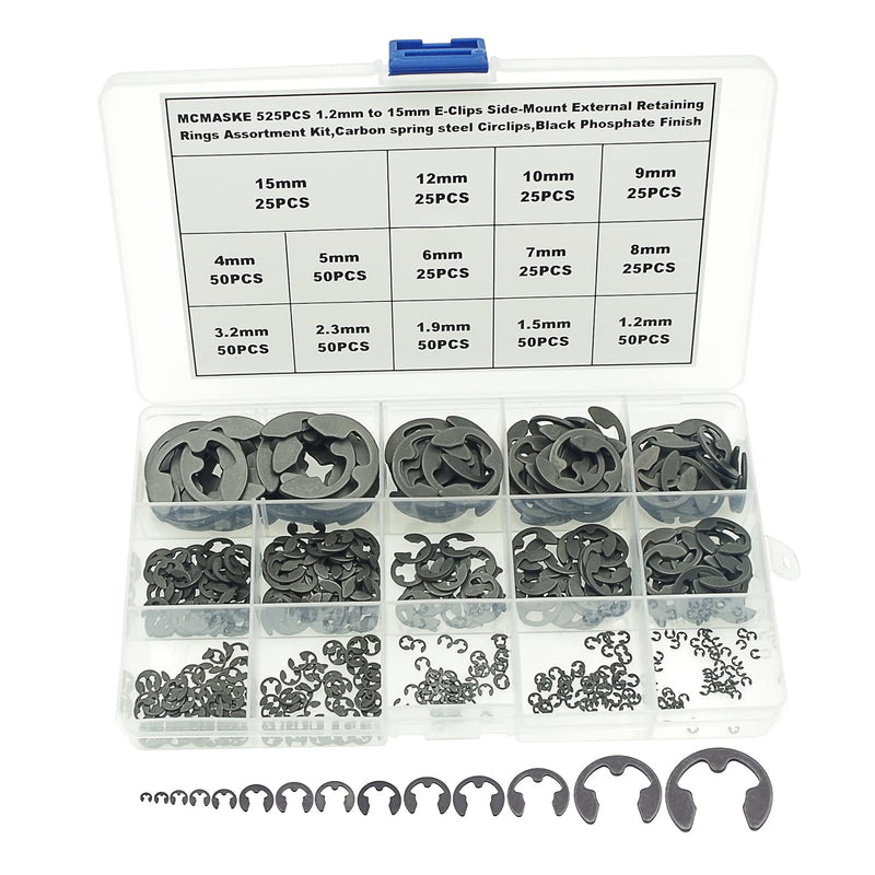 525PCS 14 Kinds Metric E-Clips Side-Mount External Retaining Rings Assortment Kit,1.2mm to 15mm Nominal Diameter,Black Phosphate Finish 1.2mm to 15mm
