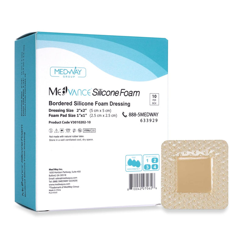 MedVanceTM Silicone - Bordered Silicone Adhesive Foam Dressing Size 2"x2" (1"x1" Pad), Box of 10 dressings