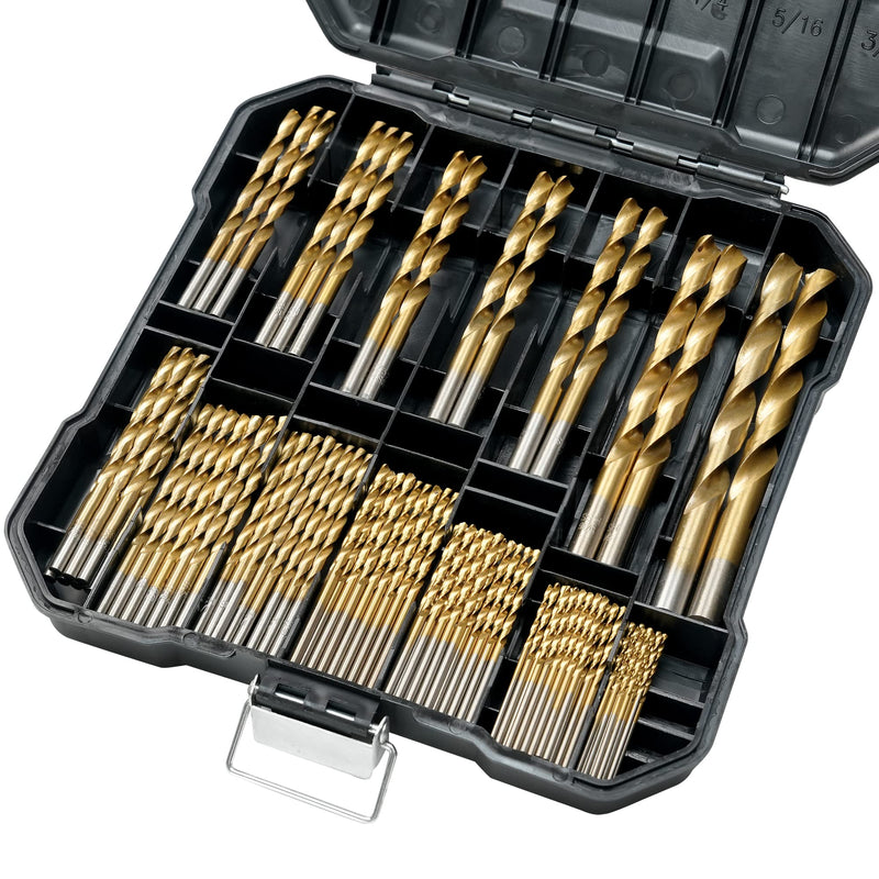 99 Pcs Drill Bit Set, 135° Tip Titanium Coated High Speed Steel, Twist Drill Bit Kit for Iron, Aluminum Alloy, Copper, Wood, Plastic, with Hard Storage 1/16"-3/8" 99PCS