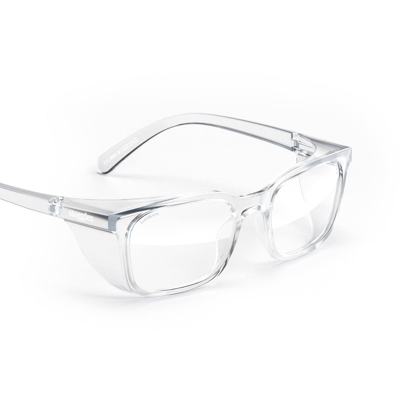 Stoggles Rectangle Z87.1 Certified Safety Glasses, Blue-Light, UV Blocking Lens, Top & Side Shield, Anti-Fog, Stylish Eyewear Medium Low Bridge Fit Clear